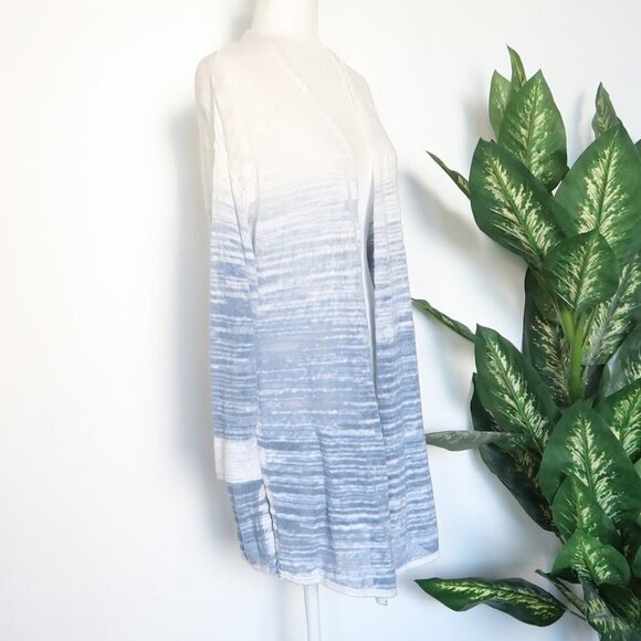 Nic + Zoe Blue White Open Breeze Linen Cotton Ombre Long Sleeve Cardigan Medium - Picture 9 of 14